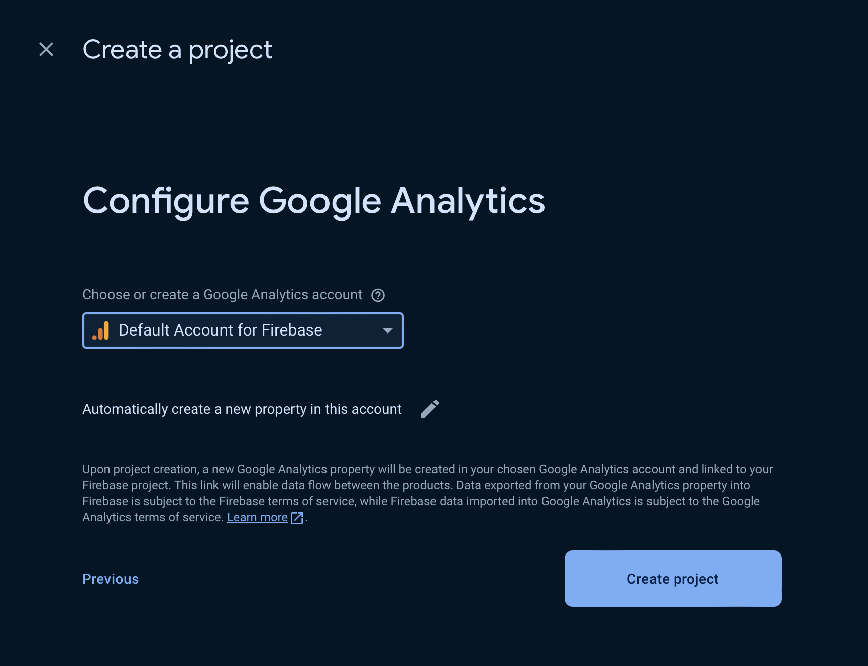 Firebase Create Project Page