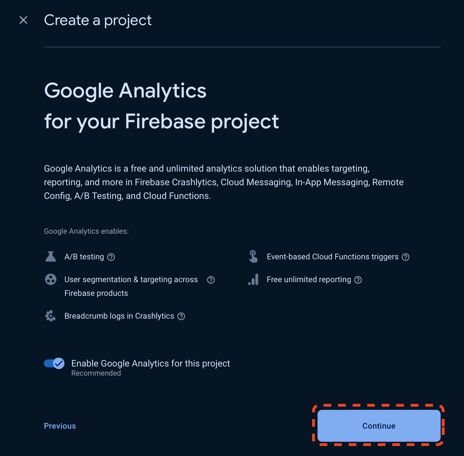 Firebase Create Project Page