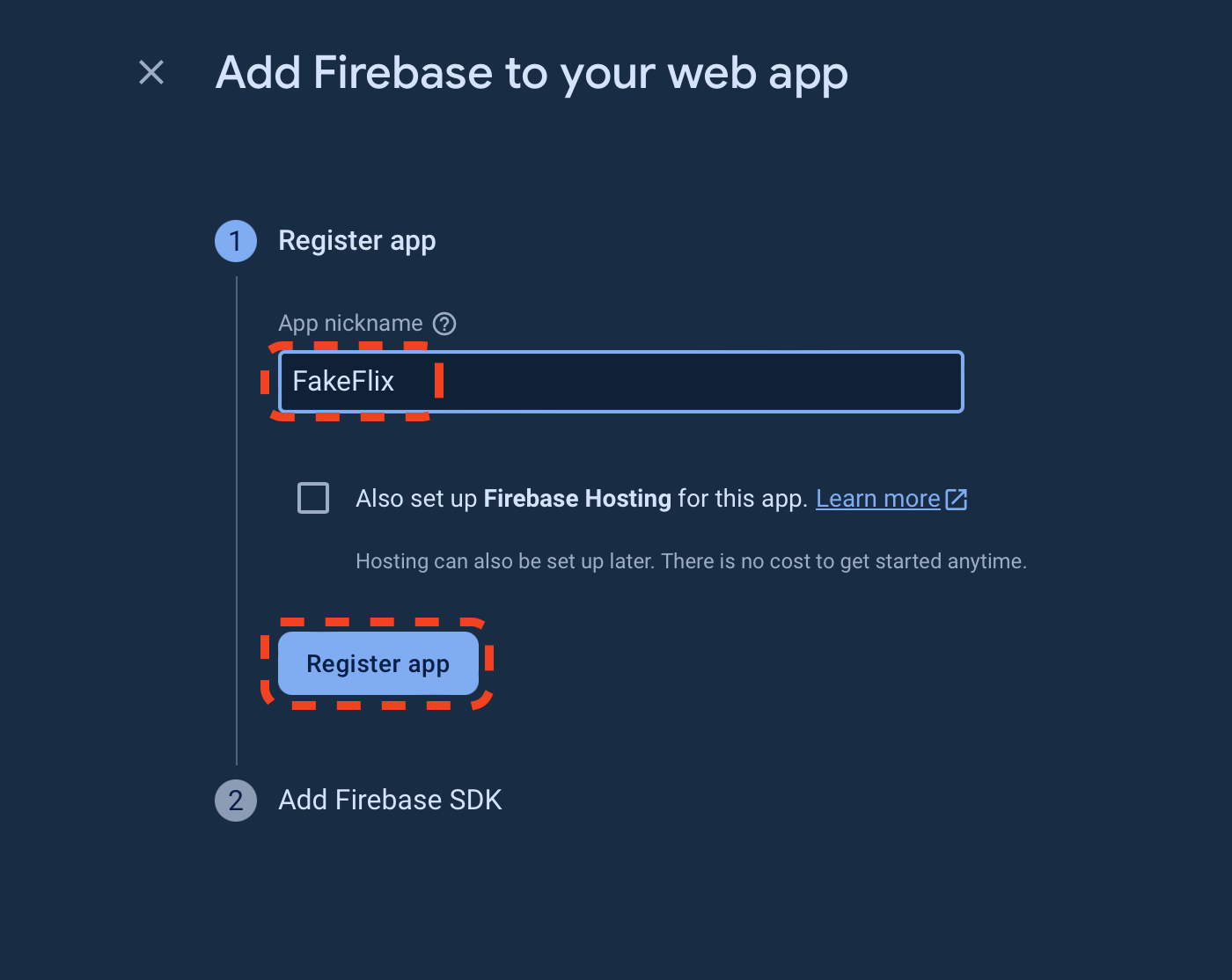 Firebase Create Project Page