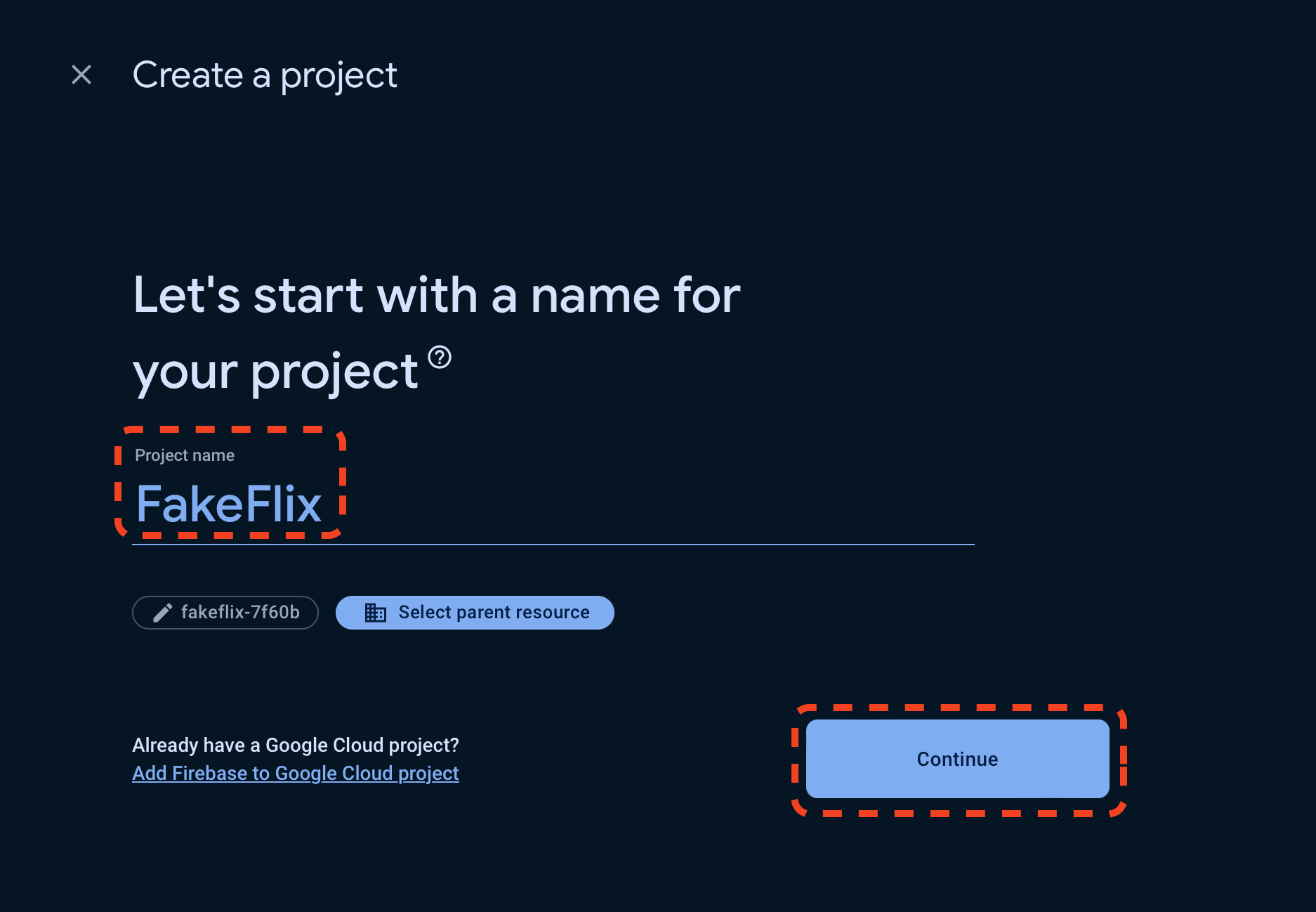 Firebase Create Project Page