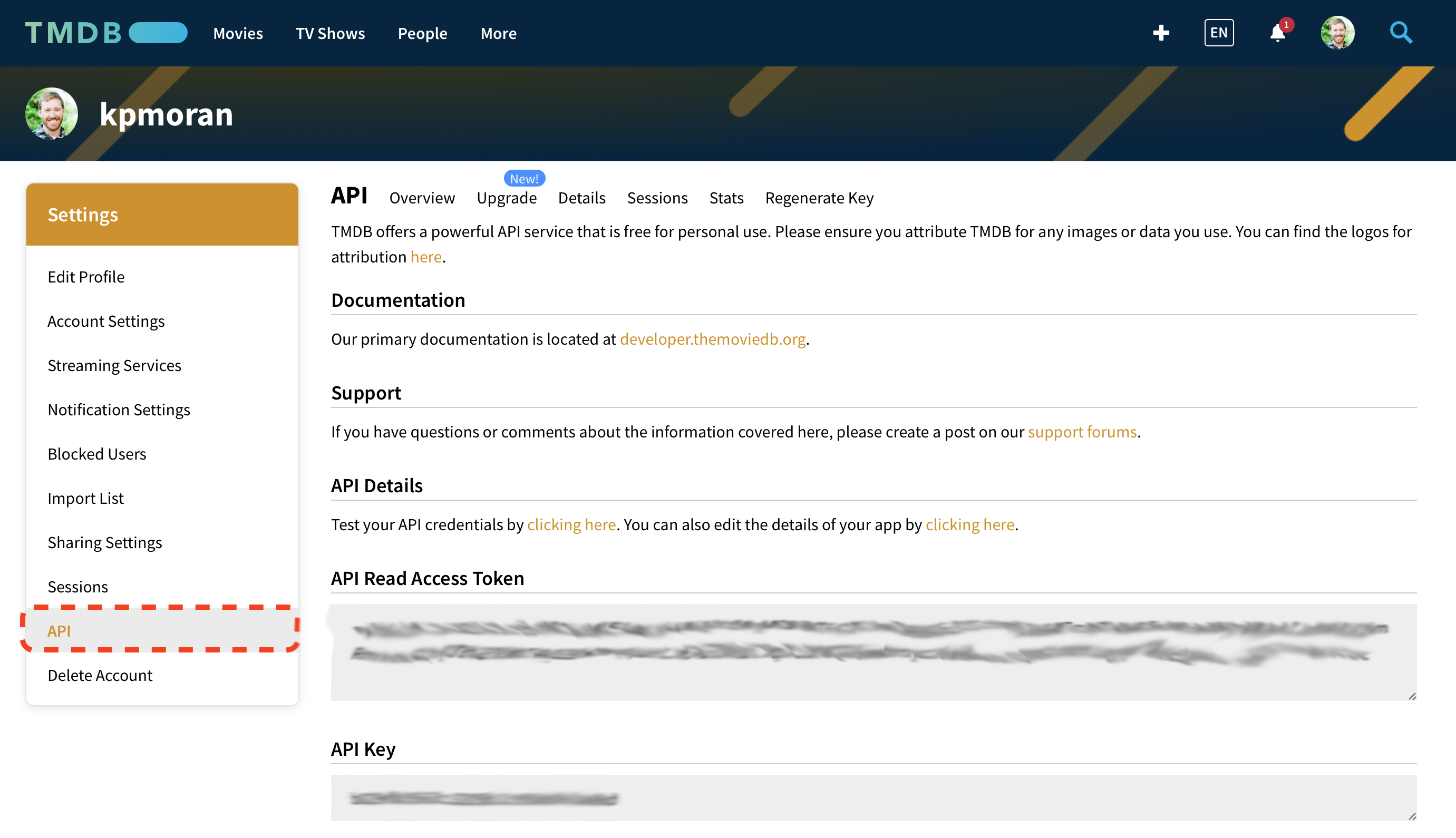 TMDB API Settings and Key