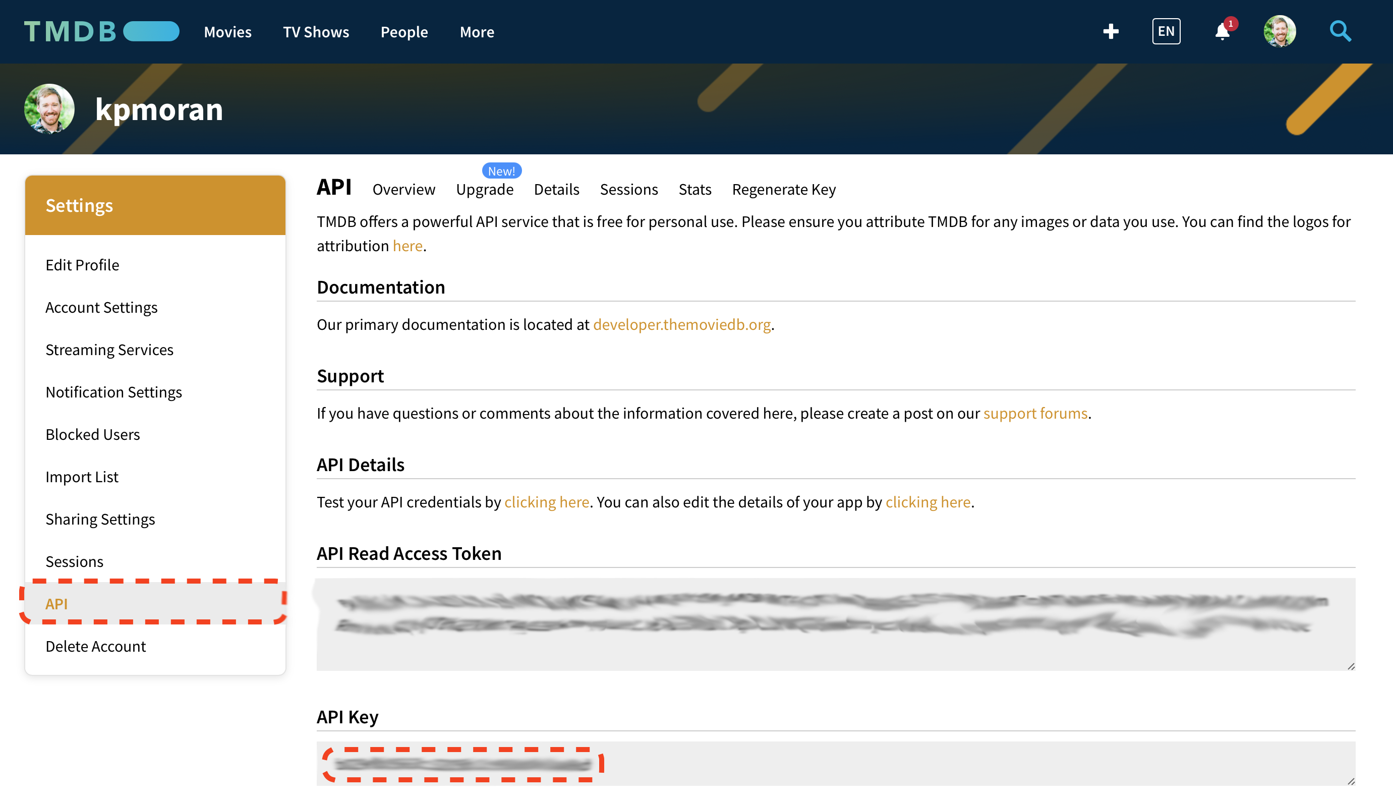 TMDB API Settings and Key