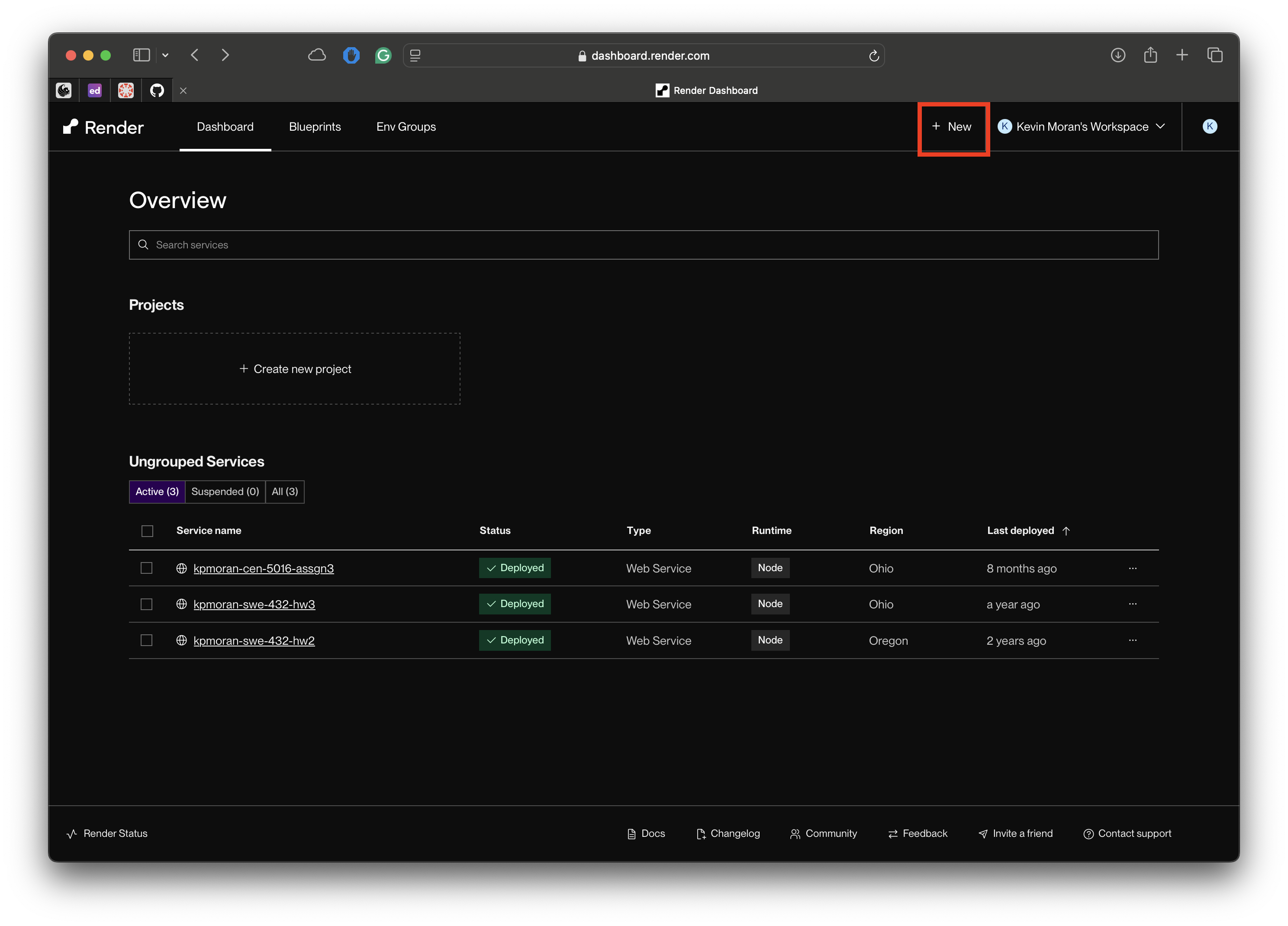 The New button in the Render dashboard