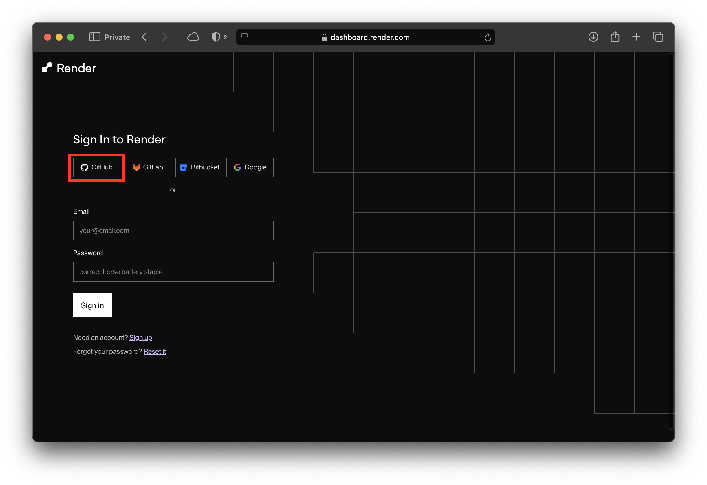 Signing up for Render